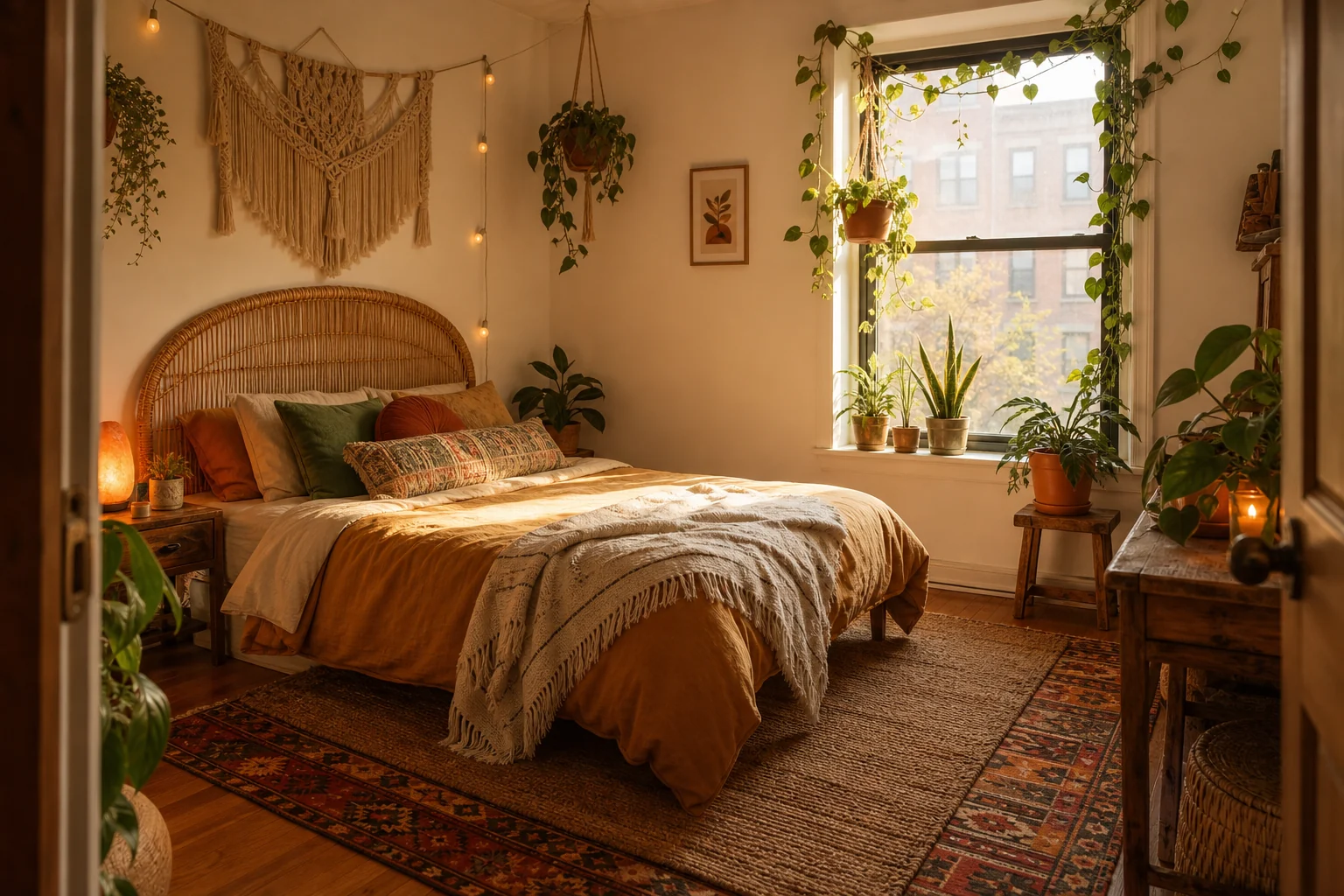 Boho bedroom with a rattan headboard, macrame wall hanging, layered rugs, terracotta bedding and trailing plants