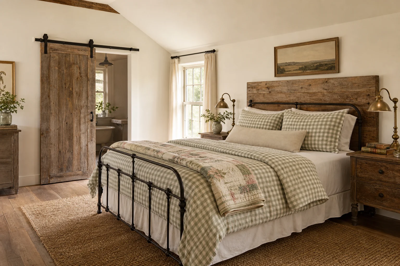 Farmhouse bedroom with a reclaimed-wood barn door, iron bed frame, sage gingham bedding and vintage brass lamps