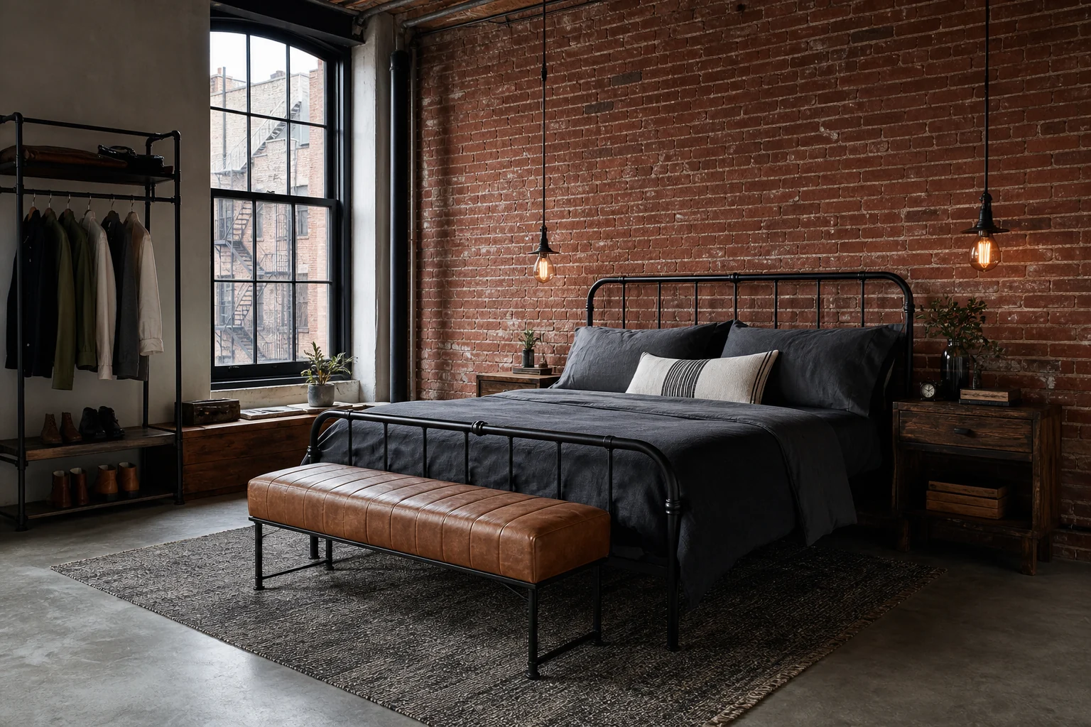 Industrial loft bedroom with an exposed brick wall, black steel bed, Edison pendants and an aged leather bench