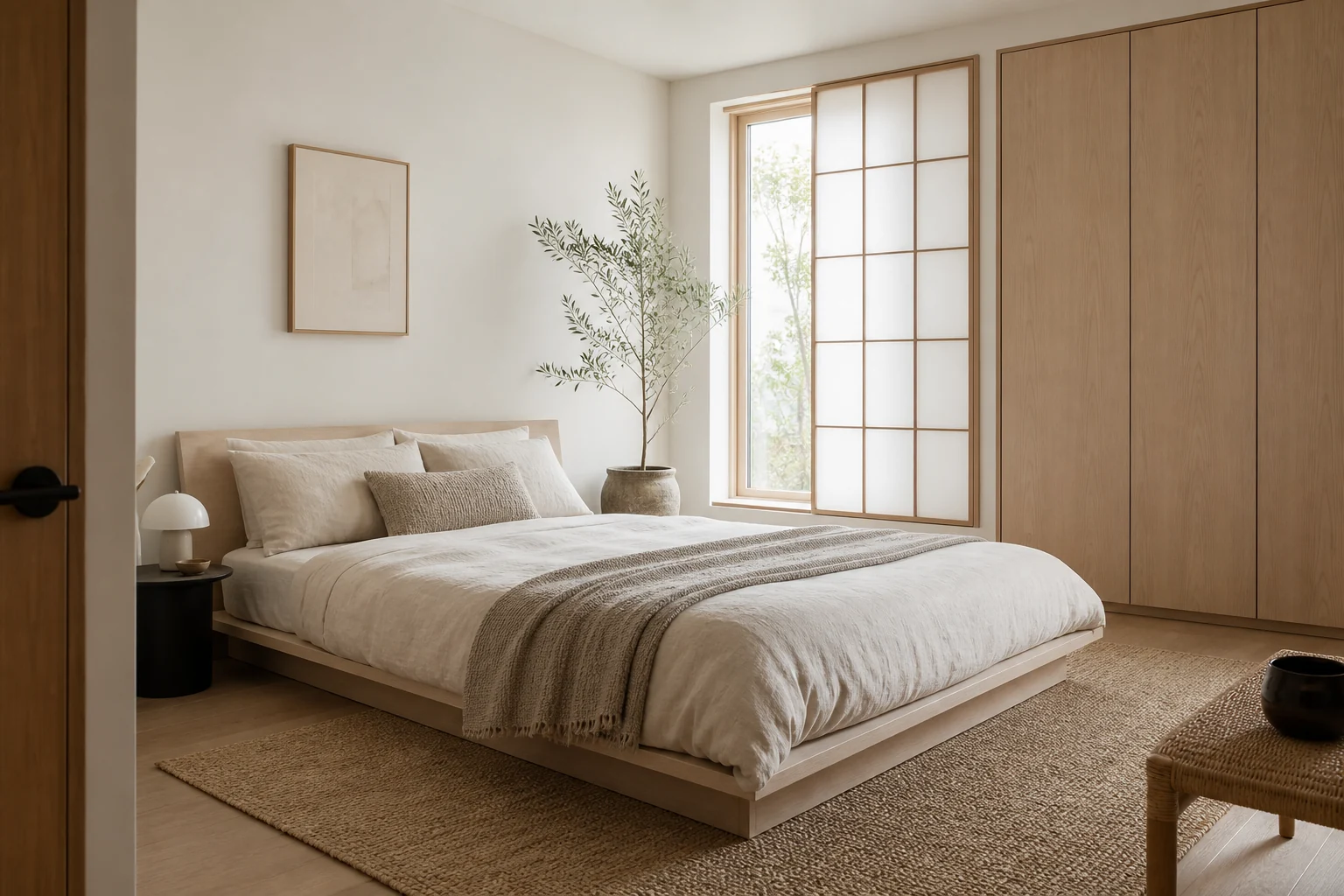 Japandi bedroom with a low pale-oak platform bed, linen bedding, a shoji-inspired panel and one olive tree