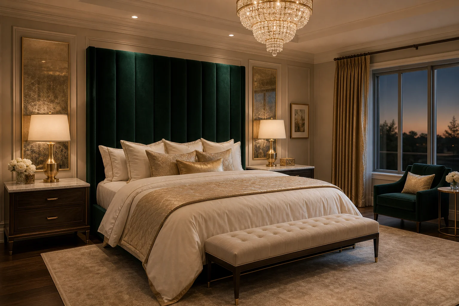 Luxury bedroom with a tall emerald velvet headboard, symmetrical marble nightstands, brass lamps and a crystal chandelier