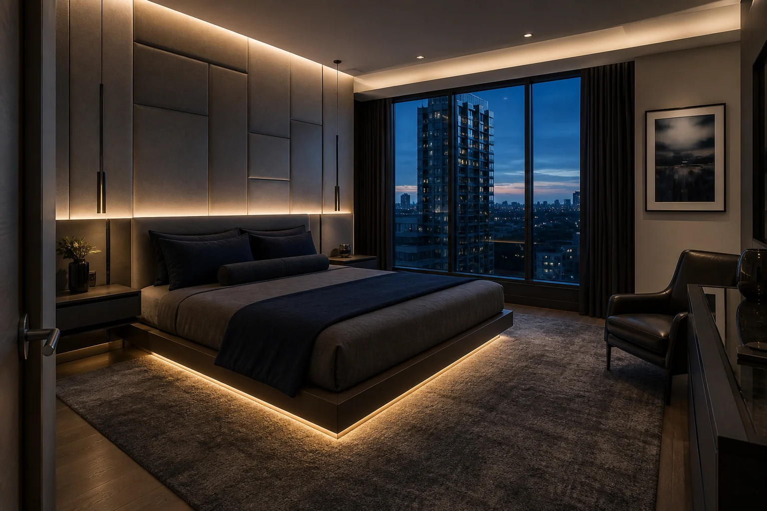 Modern city bedroom with a geometric headboard wall, floating nightstands, navy bedding and warm concealed lighting