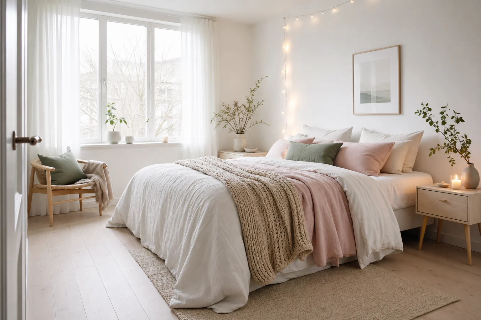Bright Scandinavian bedroom with pale birch furniture, sheer curtains, pastel bedding and a chunky wool throw